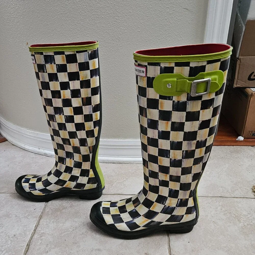 VERY RARE MACKENZIE CHILDS HUNTER COURTLY CHECK GREEN TALL RAIN BOOTS WELLIES 8